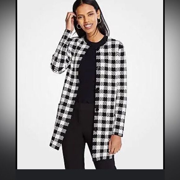Ann Taylor black white gingham plaid button front coatigan knit small s - Picture 1 of 8